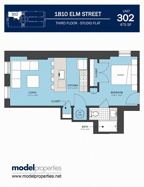 Floor plan for studio, 1 bath, 475 sqft